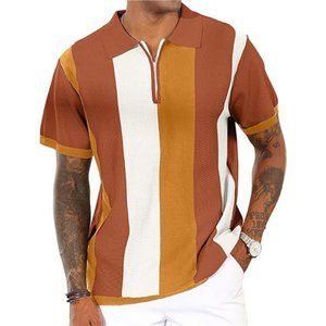 Men's Fashion Polo Shirts Vintage Striped Knitting Shirts Caramel